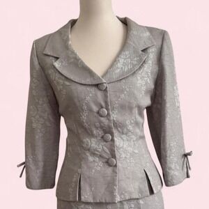 Adrianna Papell Silver Sage Floral Brocade Blazer Jacket Bow Sleeve Detail 12